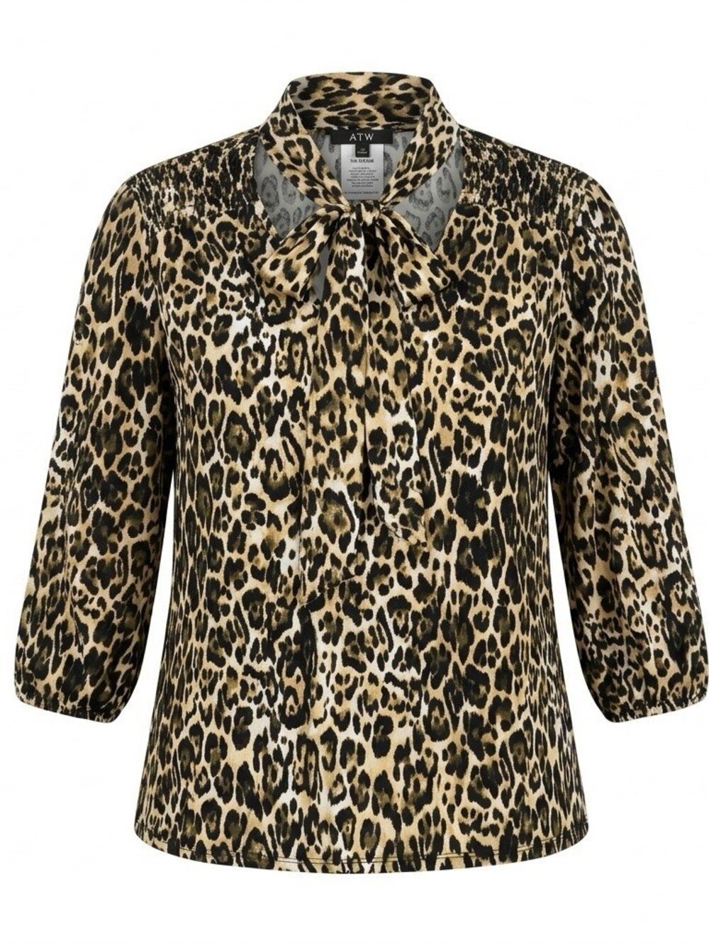 A.U.W Top Women’s Medium Black Brown Leopard Print ¾ Sleeves Bow Tie Neck Jersey